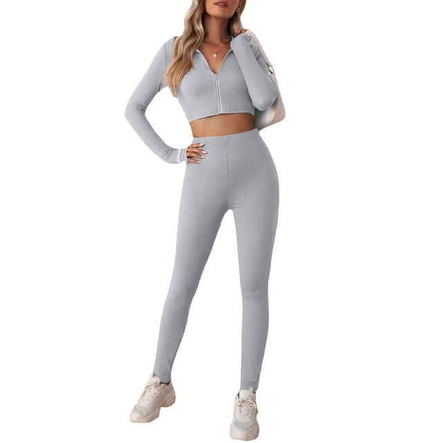 Conjunto de entrenamiento para mujer con cremallera Ropa deportiva de yoga de manga larga Chándal Ropa de gimnasio ajustada para mujer Gris XL