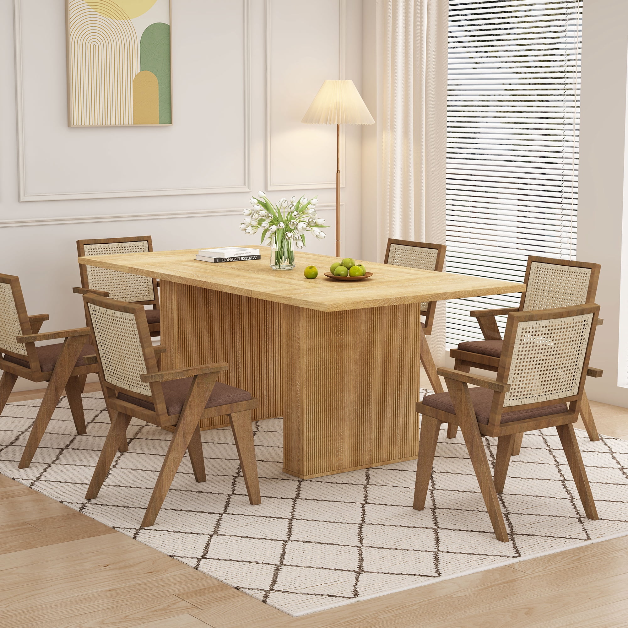 PHOYAL Beige Rectangle Dining Table for 6-8, Farmhouse Large Dining Table with Double Pedestal, 78.74"L, 39.37"W