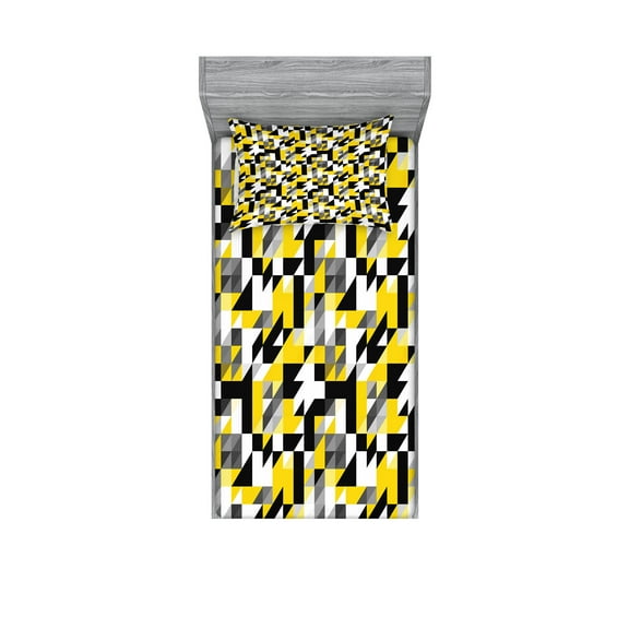 Yellow and White Fitted Sheet & Pillow Sham Set, Geometric Design with Triangles Squares and Houndstooh Inspiration, Decorative Printed 4 Piece Bedding Decor Set, Twin, Yellow Grey Black, by Ambesonne