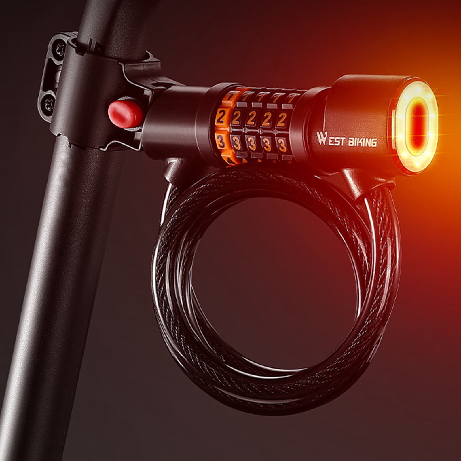 Pebbuoy Bicycle Lock with LED Tail Light Shear-Resistant Anti-Theft 5 Digit Resettable Combination Bike Cable Lock Accessories