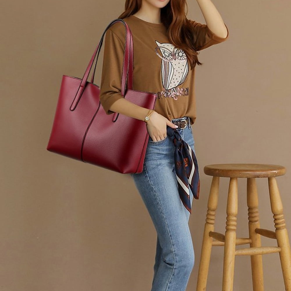Vintage Genuine Leather Shoulder Bag Work Totes for Women Purse Handbag with Back Zipper Pocket