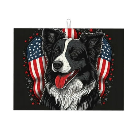 

Honeii Independence Day Collie Print Kitchen Drying Mat Coffee Bar Mat Hide Stain Coffee Maker Mat for Countertops Coffee Pot Dish Drying Mat