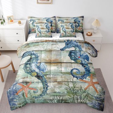 Ocean Seahorse Bed in a Bag Queen Comforter Set 7 Piece,Under Sea Starfish Coral Coastal Creature Bedding Sets Nautical Sea Animal Sheet Set with Comforter