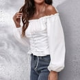 thumbnail image 5 of kayannuo Womens Tops Long Sleeve Shirts Fall Fashion Women Lace Up Solid Back Elastic Lantern One-way Neck Long Sleeve Chiffon Shirt Tops White, 5 of 8
