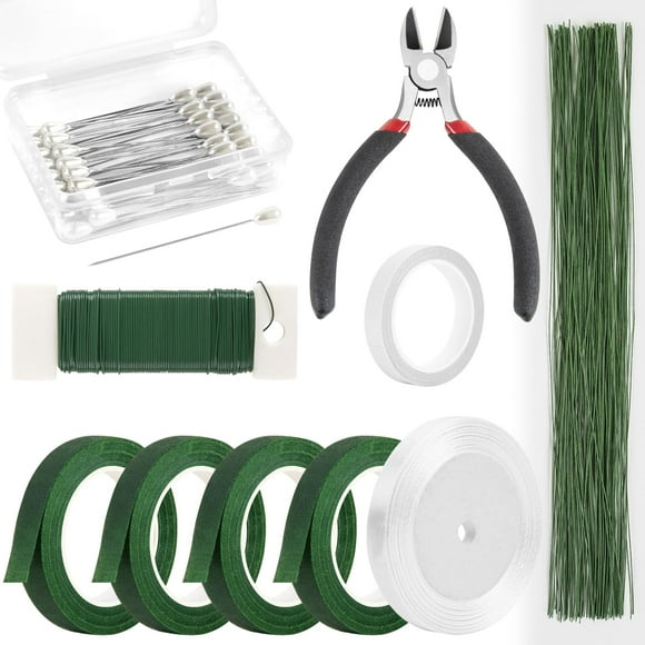 NESCCI Kit de arreglos florales con cinta floral verde y alambre Alambre de tallo floral de calibre 26 Alambre floral de calibre 22 Alfiler de boutonniere para floristería de envoltura de tallo de ram