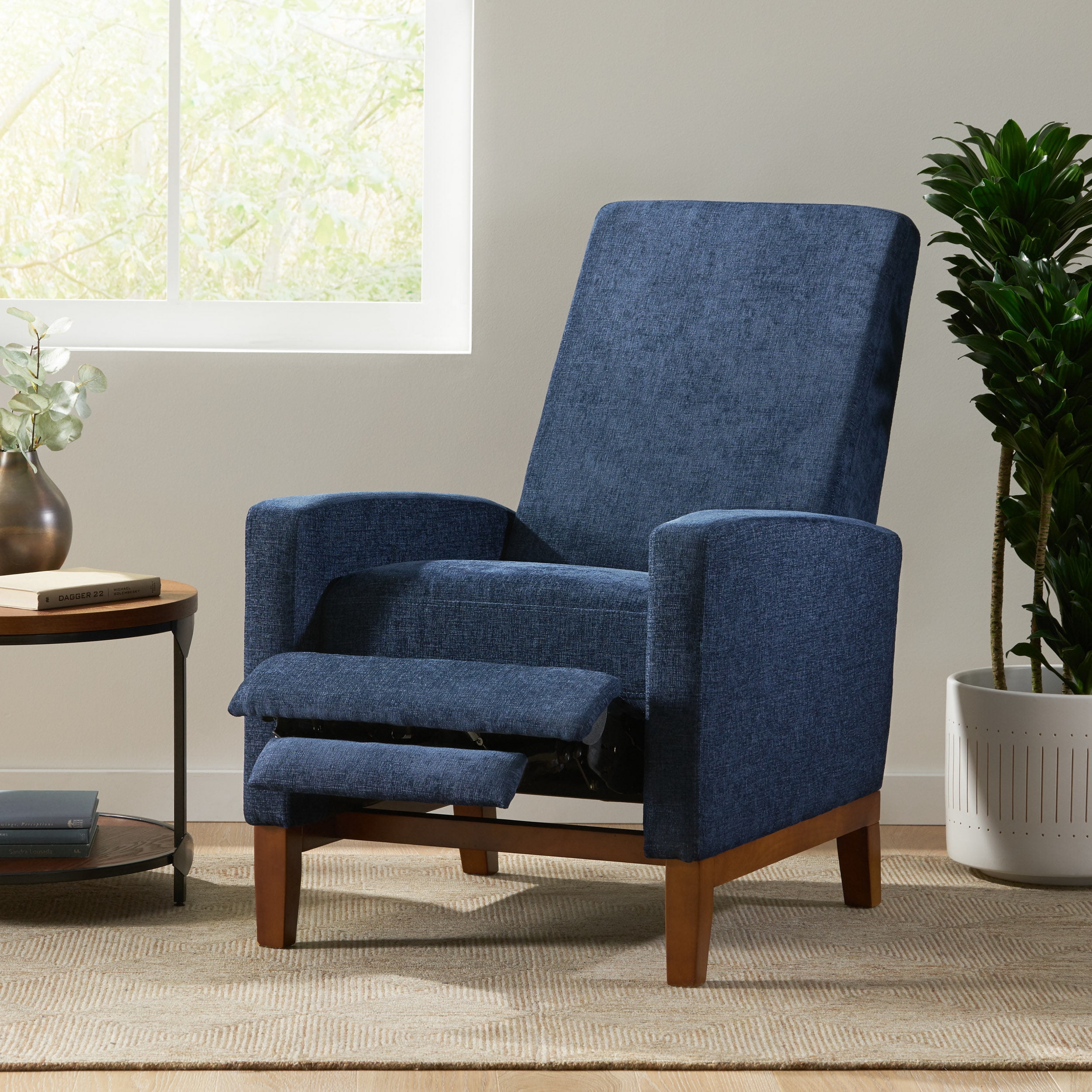 Noble House Andrea Fabric Pushback Recliner, Navy Blue and Brown