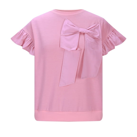 Summer Tops for Women Plus Size Summer Solid Color Round Neck Bow Ruffle Short Sleeved Shirt Womens Blouses Pink M