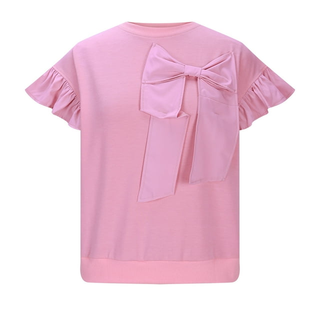 PXLKNZH Hauts d'Été pour Femmes 2025 Tunique Décontractée à Manches Courtes Blouses Col Rond Habillé Nœud devant T-Shirts Boho Rose,P