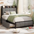 thumbnail image 1 of Memoryfield Twin Bed Frame with 2 Storage Drawers and Charging Station, Linen Upholstered Platform Bed Frame Twin with Storage Headboard, No Box Spring Needed, Gray, 1 of 8