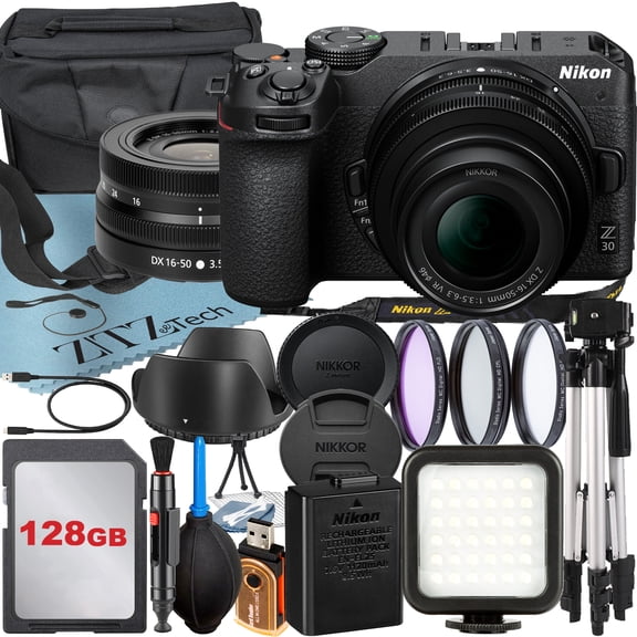 Nikon Z30 Mirrorless Camera with NIKKOR Z DX 16-50mm VR Zoom Lens   128GB Card   Case   3 Pieces Filter   Flash   ZeeTech Accessory Bundle (International Version)