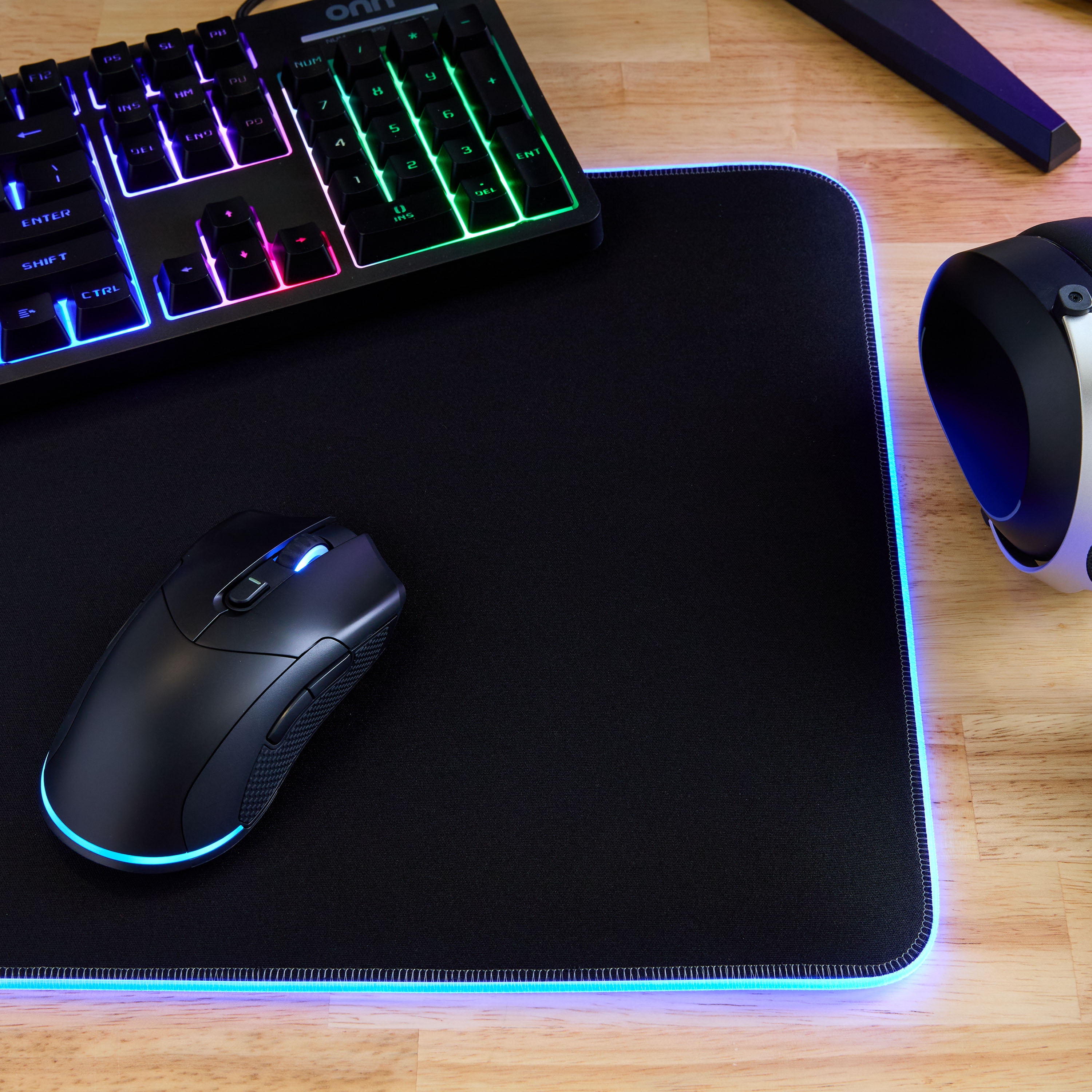 onn Gaming Desk Pad with LED RGB Lighting, Black 32", Rubber Anti-Slip base