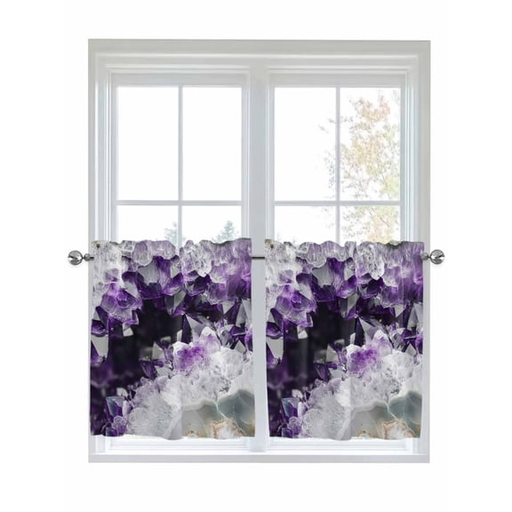 Purple Black Geometric 2 Panel Kitchen Curtains for Small Windows, Modern Abstract Crystals Artwork Bathroom Tier Curtain, Short Window Treatment for Bedroom/Living Room 55"x36"
