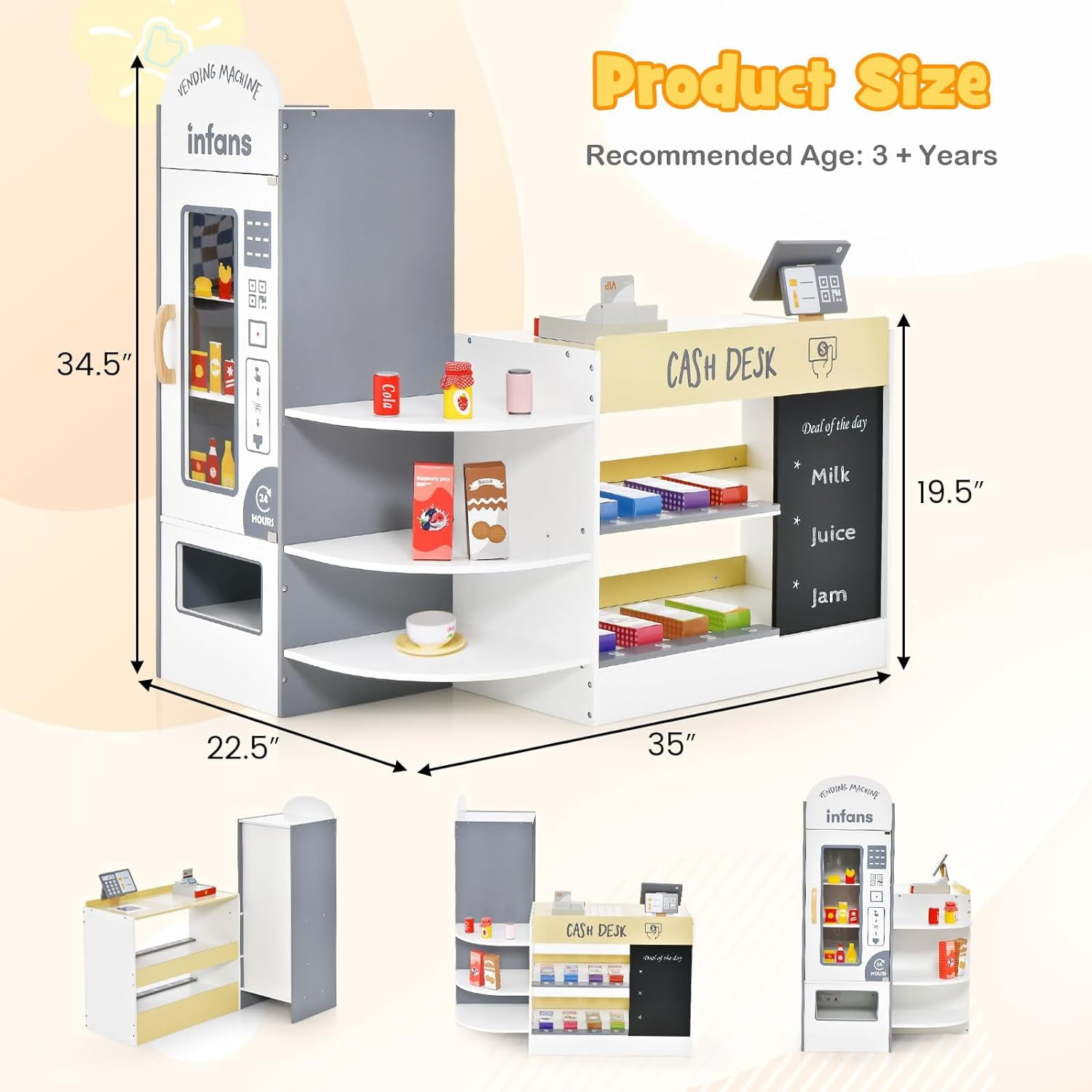 OLAKIDS Kids Grocery Store Playset, Wooden Supermarket Toy Set with Cash Register, Vending Machine, Play Food Accessories, Blackboard, Pretend Play Store Gift for Toddler Boys Girls (Grey)