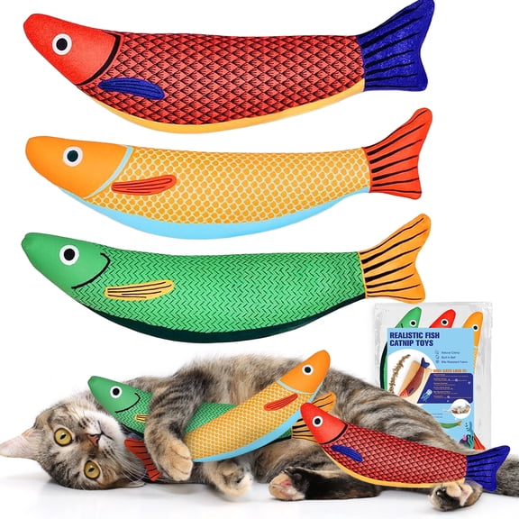 3 Pack Plush Catnip Fish Kicker Toys for Kittens, Cotton Stuffed with Bell, Organic Catnip, Green Yellow Orange