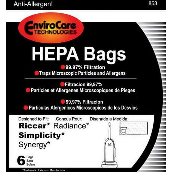 Riccar Upright HEPA Bag 6 Pack Bags Type X Radiance; Simplicity Synergy