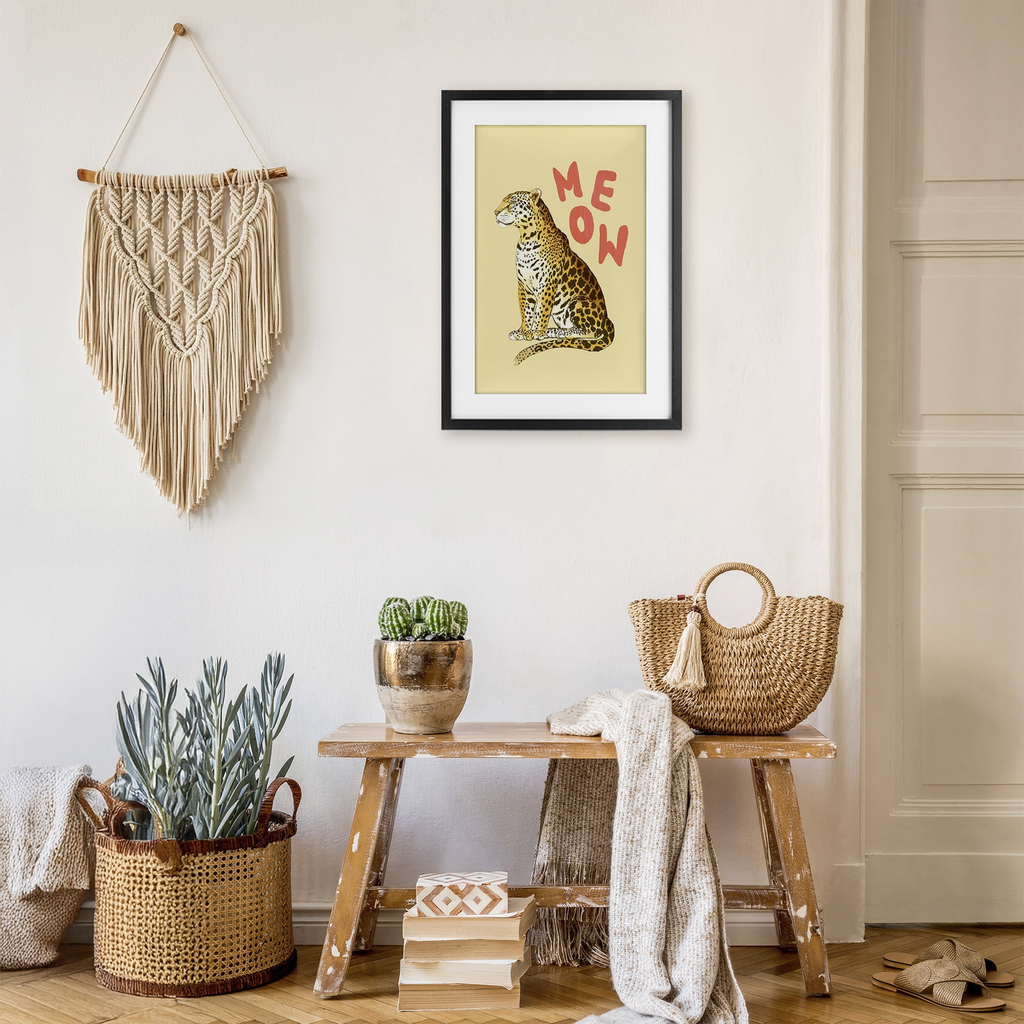 Stupell Industries Meow Leopard on Yellow Black Framed Print Under Glass, design by Florentina Dolci