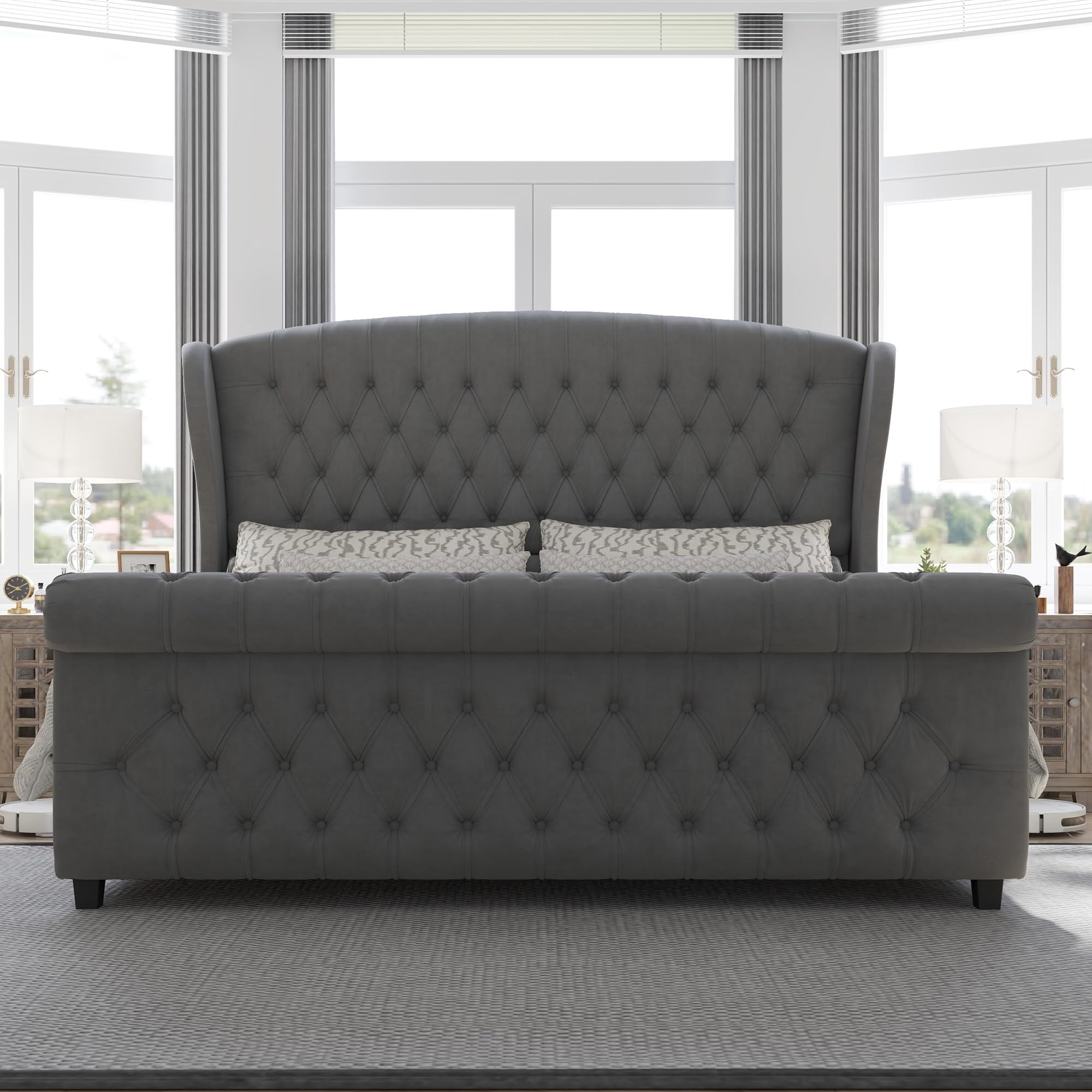 Merluxy California King Size Platform Bed Frame, Velvet Upholstered Sleigh Bed with Scroll Wingback Headboard & Footboard/Button Tufted, Grey