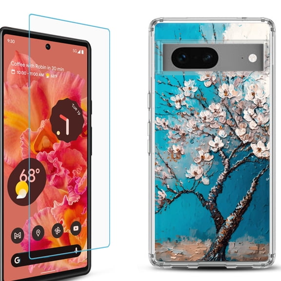 OneToughShield ® for Google Pixel 7a Shockproof Bumper Phone Case, with Tempered Glass Screen Protector - Almond Tree