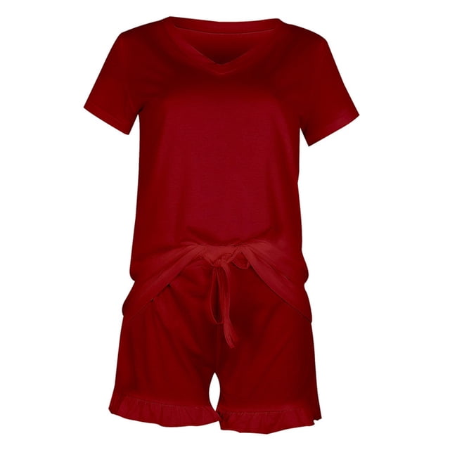 Chbgutlmr Lounge Sets for Women 2 Piece V Neck Tees Ruffle Drawstring Shorts Loose Comfy Summer Outfits