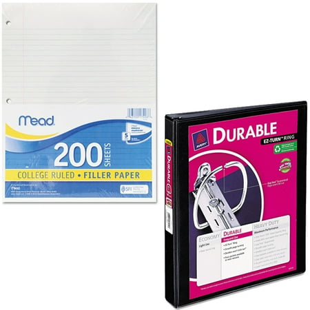 Yellow Binder Paper Mead Filler Paper, College Ruled, 3-Hole Punched, 11 x 8-1/2, 200 Sheets Per Pack and Avery Durable Reference Vinyl EZ-Turn Ring View Binder, 1