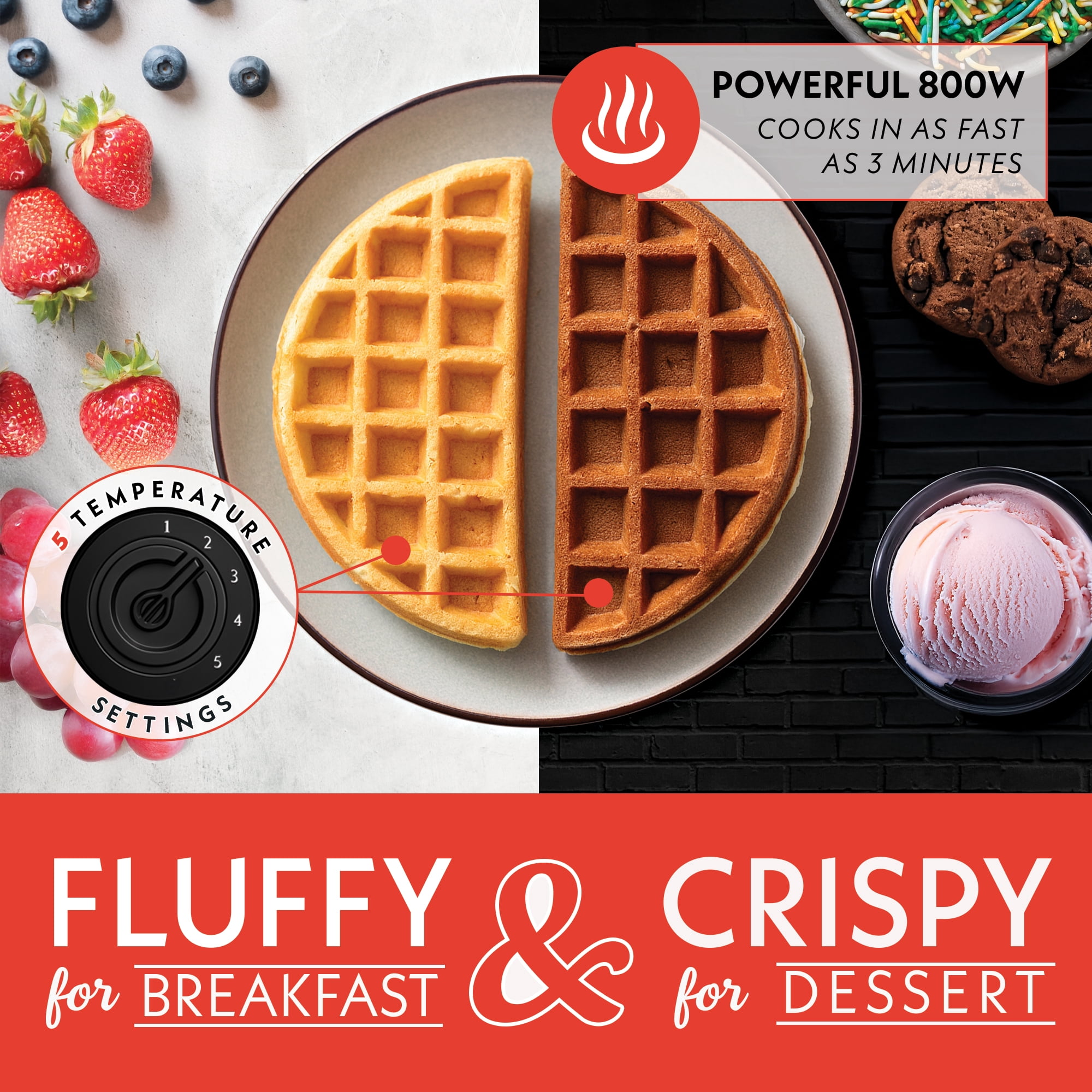 Gourmia Dual Pour Belgian Waffle Maker, Easy Pour Spout, 5 Shade Settings, Black