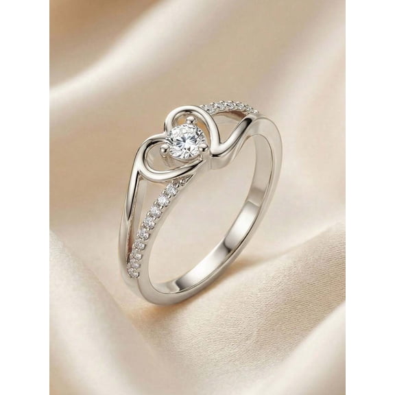 Silver Heart-Shaped Cubic Zirconia Ring With Pave Accents For Women
