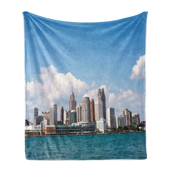 Michigan Soft Flannel Fleece Throw Blanket, Skyline of Downtown Detroit from Windsor Ontario Modern Architecture Cityscape, Cozy Plush for Indoor and Outdoor Use, 60" x 80", Multicolor, by Ambesonne
