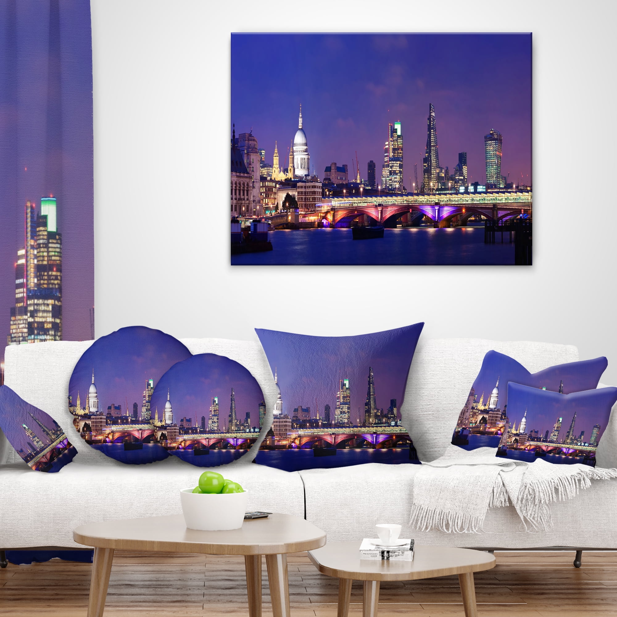 Designart London Night Panorama - Cityscape Photo Throw Pillow - 18x18