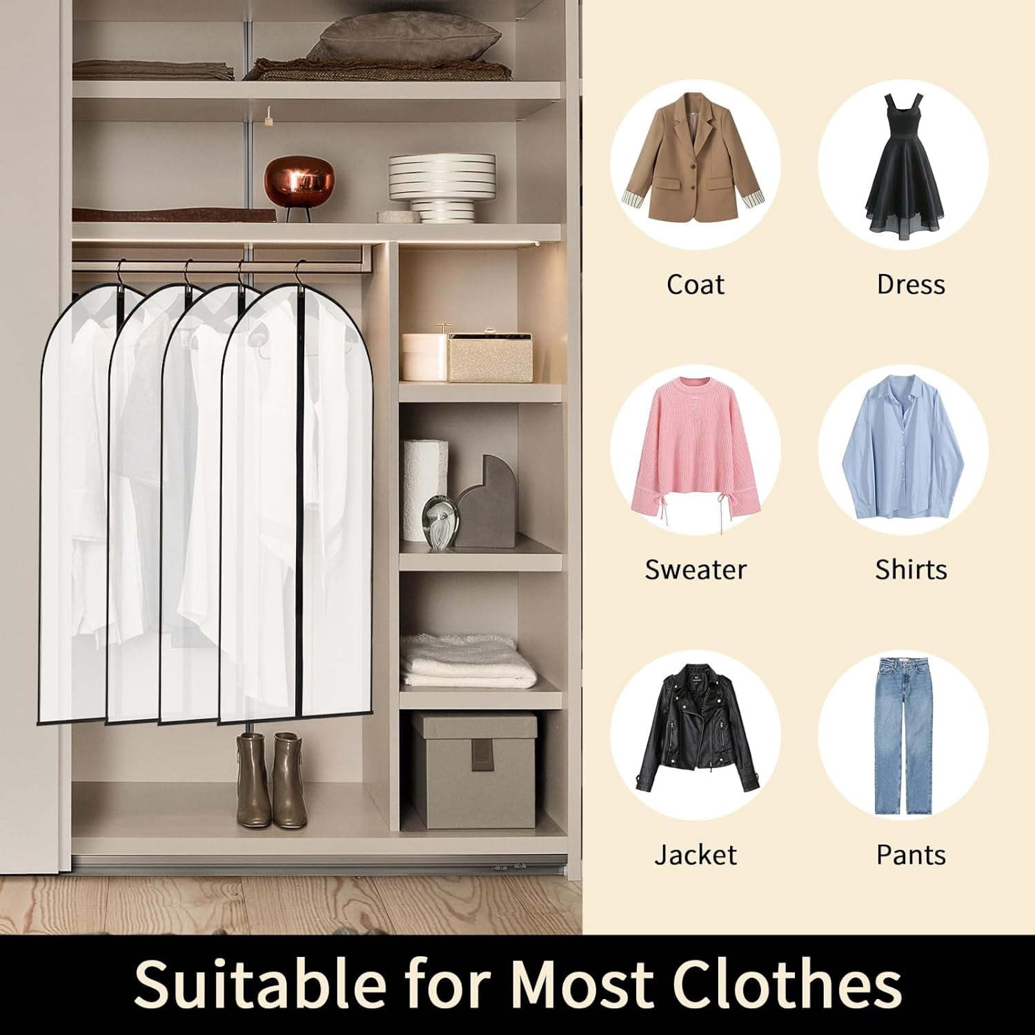 ABPETE 12 Pack 40" Garment Bags Clothes Covers Protecting Dusts for Hanging Clothes, Suit Bags with Zipper Suit Bags Clear Garment Bag for Travel, Closet Storage, Coat, Dress, Shirts