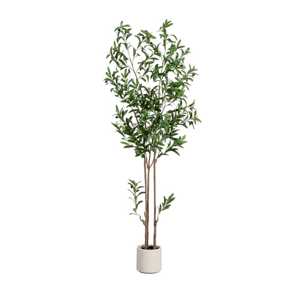 Nearly Natural 6ft. Artificial Minimalist Olive Tree in White Decorative Planter