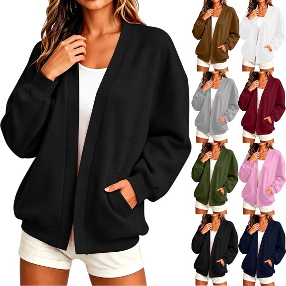 Women's V Neck Open Front No Button Loose Sweatshirt Cardigan,Drop Shoulder Long Sleeve Jacket with Pockets,Black,Women's Plus Size L
