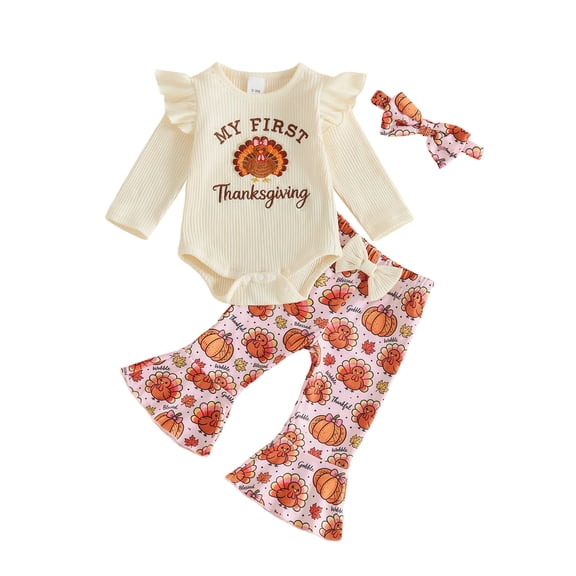 Cjfdfy Newborn Baby Girls Thanksgiving Outfits Turkey Or Homemade Rolls Embroidery Ribbed Romper And Flare Pants Headband Cute My First Thanksgiving Fall Holiday Clothes