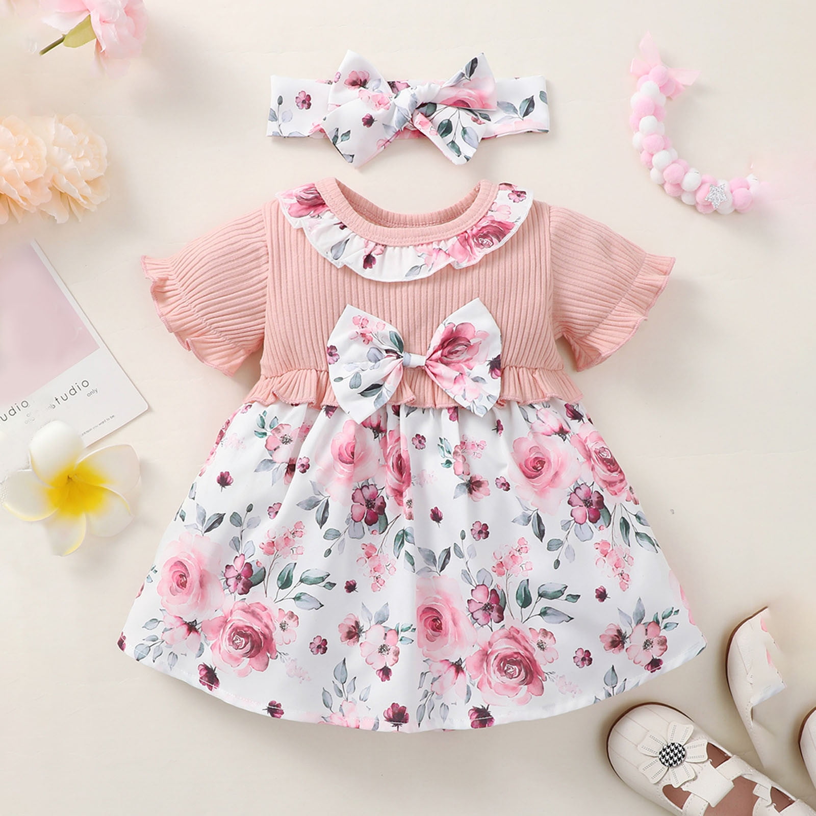 【X-girl】RIB BABY DRESS Baby Girl Outfits Short Sleeve Ribbed Floral Prints Dress