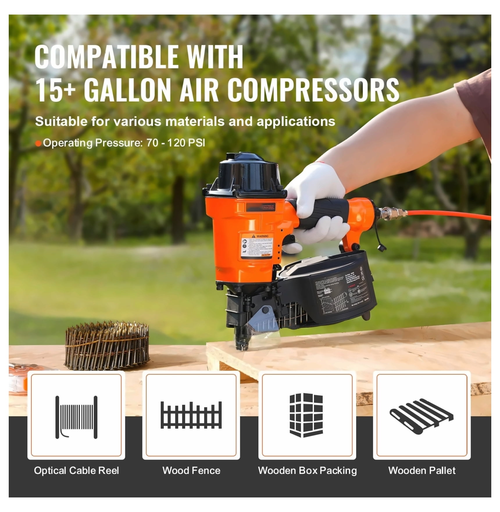 MCN55 Coil Nailer, 15 Degree Pneumatic Siding Nail Gun - 1 to 2-1/4 Inch - Wooden Pallet, Fence & Furniture Assembly - High Capacity 350 Nails