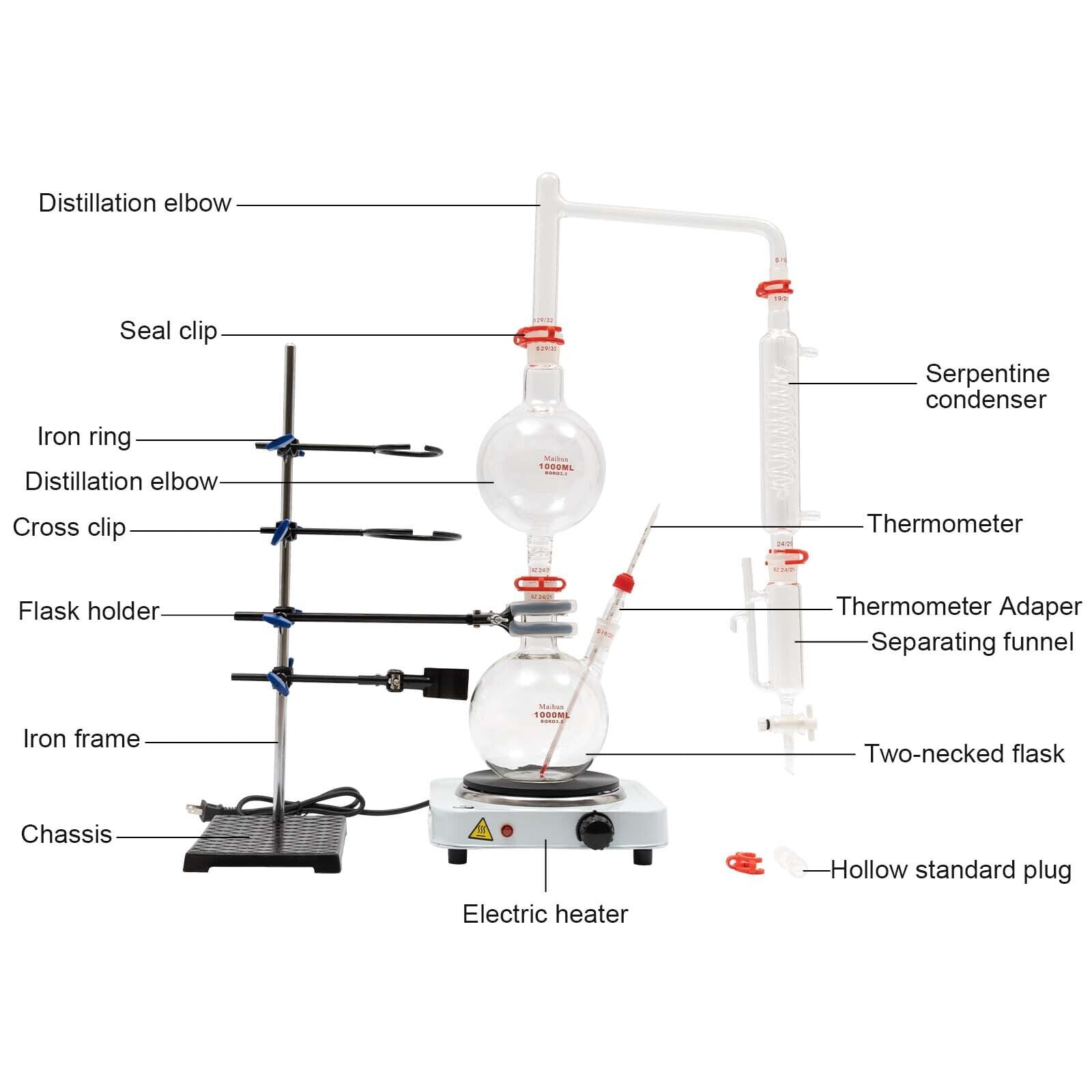 1000ml Countertop Essential Oil Distillation Apparatus Glassware with Condenser & Hot Stove