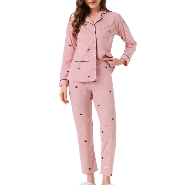 Conjunto de lounge para mujeres INSPIRE CHIC, algodón, botón, patrón lindo, manga larga, cuello con muesca, conjunto de pantalones con bolsillos, pijama, XL, triángulo