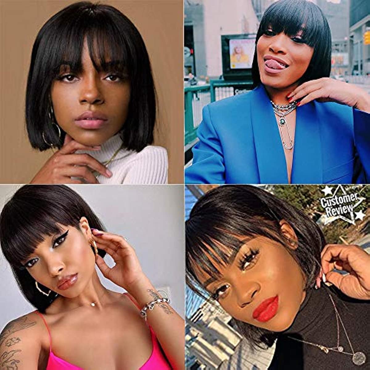 Straight Short Bob Wig with Bangs Brazilian Human Hair Wigs None Lace Wigs Machine Made Short Straight Bob Wigs for Women 150% Density