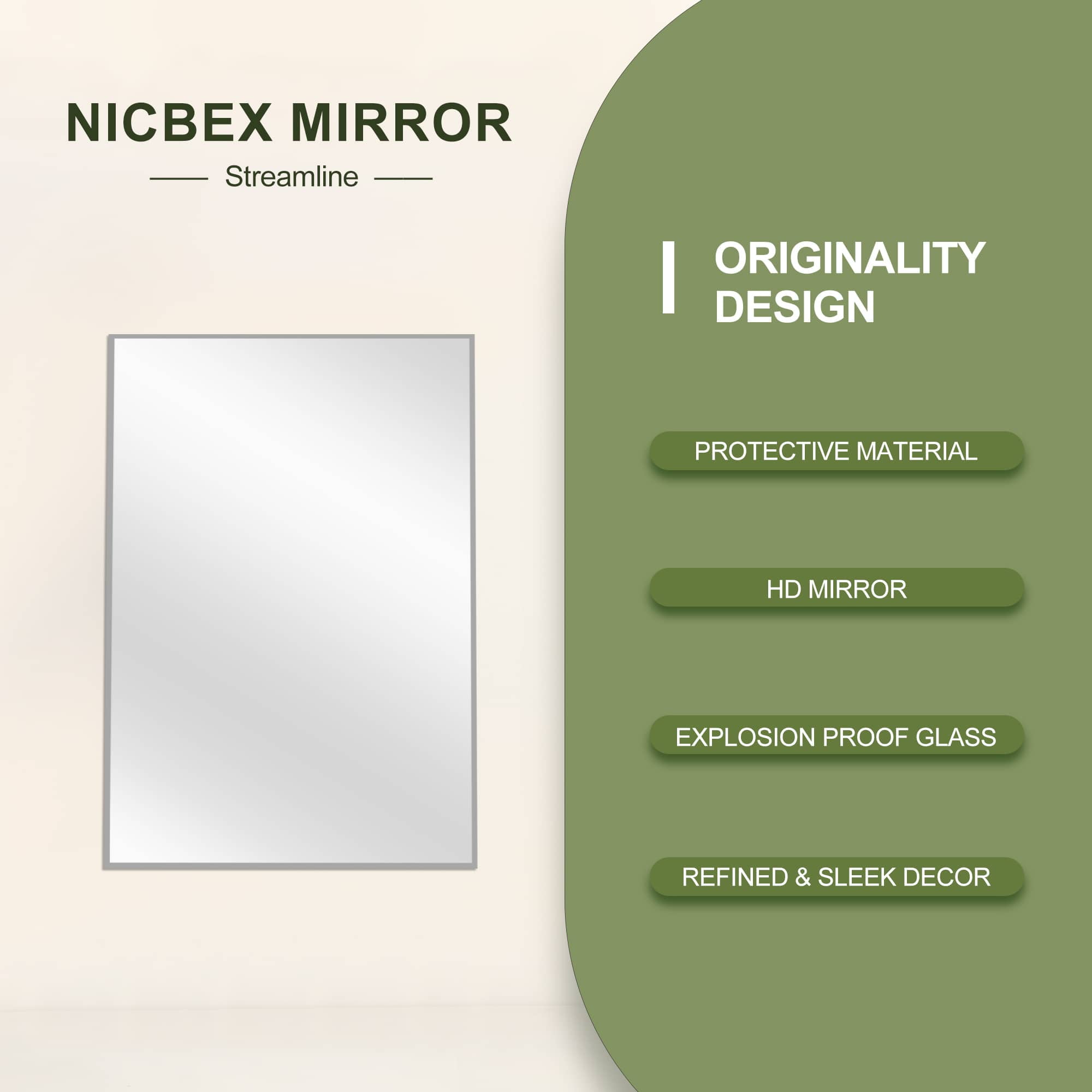 MAYEERTY 36"x24" Aluminum Alloy Rectangular Hanging Mirror, Mid-Century Bathroom Mirror, Silver