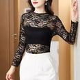 thumbnail image 5 of Sevevn Women's Fashion Solid Color Sexy Slim Lace Rond Neck Flared Sleeves Long Sleeve Shirts Black XXL Summer Savings, 5 of 8