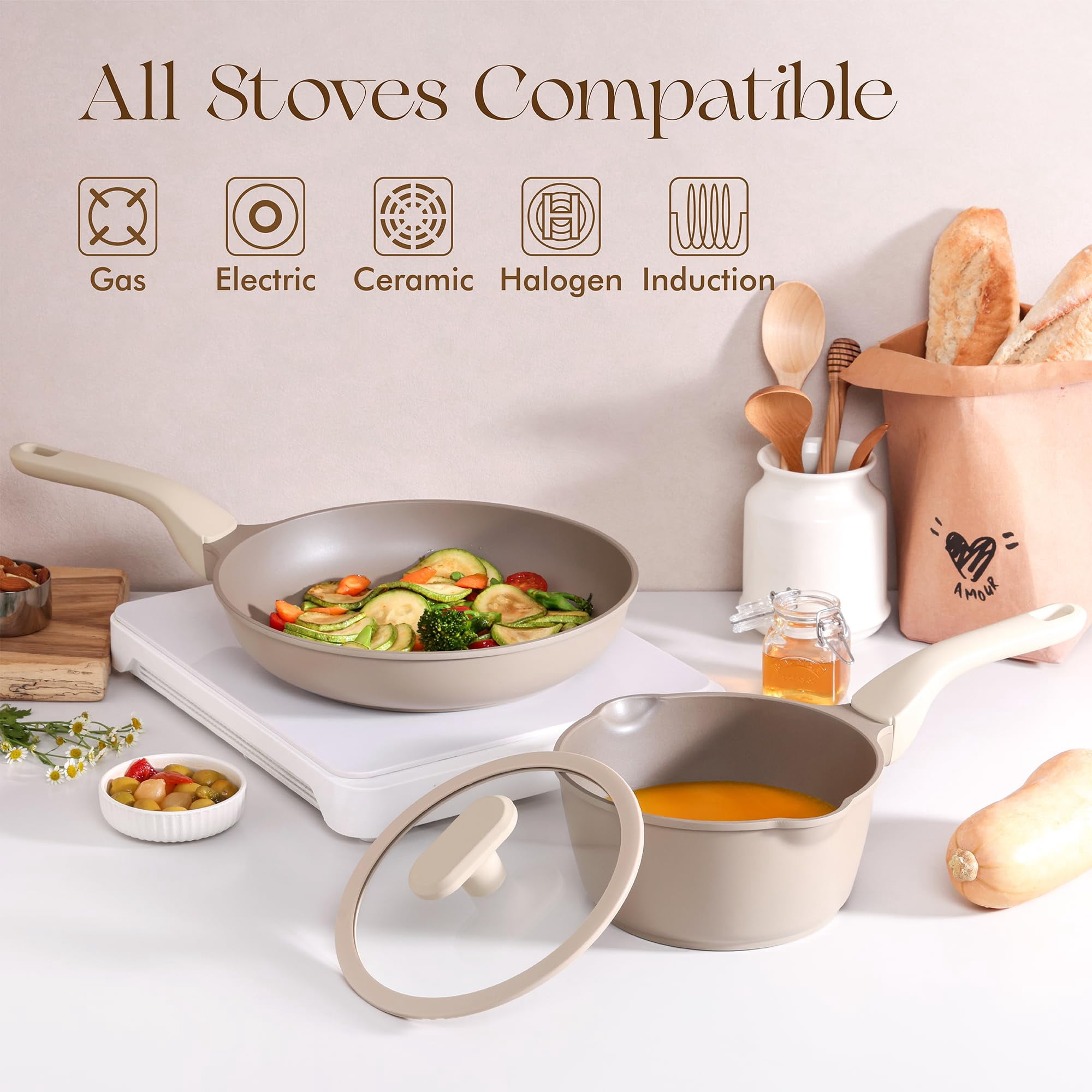 PRICUSIS 9 Pieces Cookware Sets, Nonstick Pots and Pans Set, Honey Blush