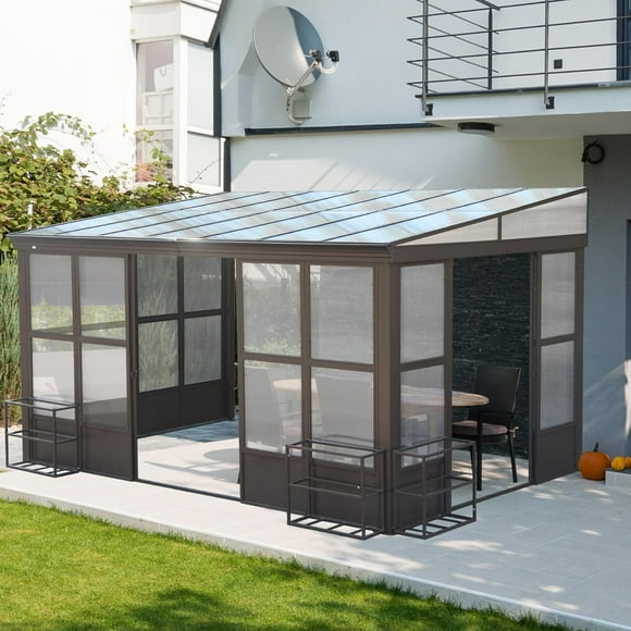 Domi 10x14FT All-Season Sunroom, Aluminum Lean-To Gazebo with Detachable Polycarbonate Windows, 2 Lockable Sliding Doors, for Patio/Garden Deck