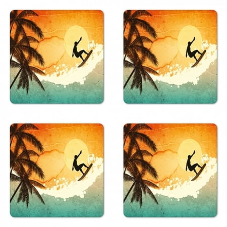 

Grunge Coaster Set of 4 Illustration of Tropical Island Surfer on Sea Waves and Palms at Sunset Square Hardboard Gloss Coasters Standard Size Orange Turquoise Black by Ambesonne