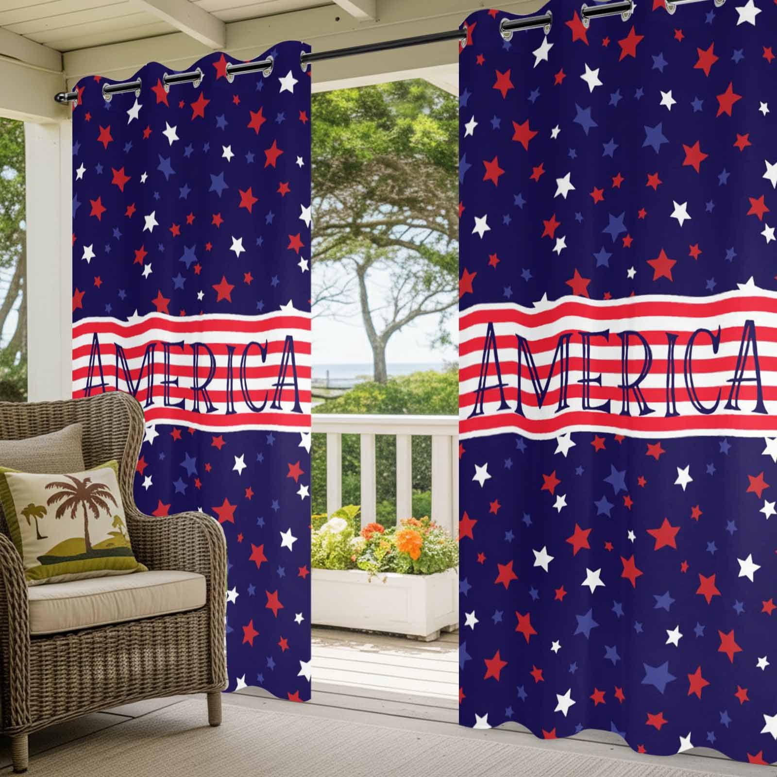 Independence Day Star Outdoor Curtains for Patio, Modern American Red White Stripe Star Blue Sunshade Privacy Drapes Grommet Waterproof Outside Curtains for Porch/Cabana/Balcony 54"x 108", 1 Panel