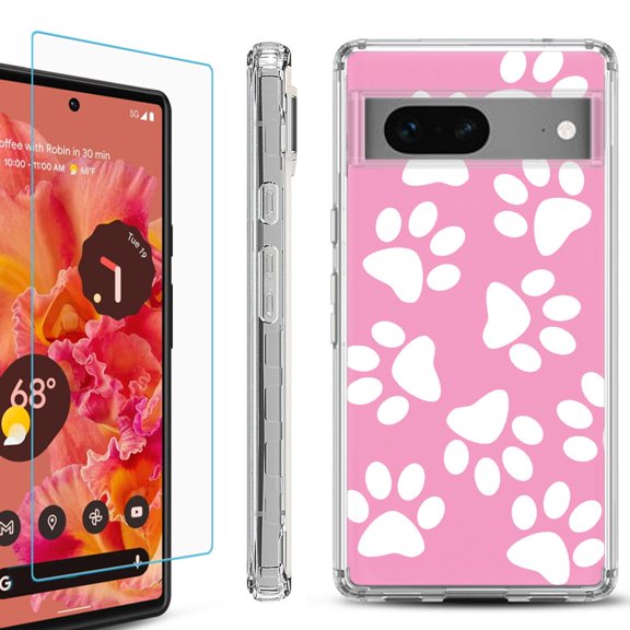 Shockproof Bumper Phone Case for Google Pixel 7, with Tempered Glass Screen Protector, by OneToughShield ® - Pet Paw/ Pink