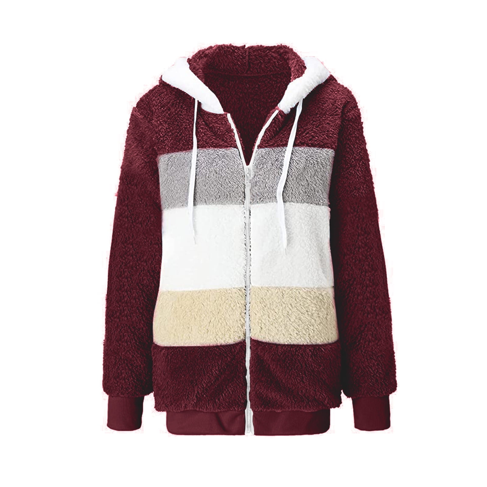 Sinpiling Womens Fleece Coats with Hooded Plus Size S-5X Full Zipper Up Jackets Casual Color Block Long Sleeve Warm Coat Winter