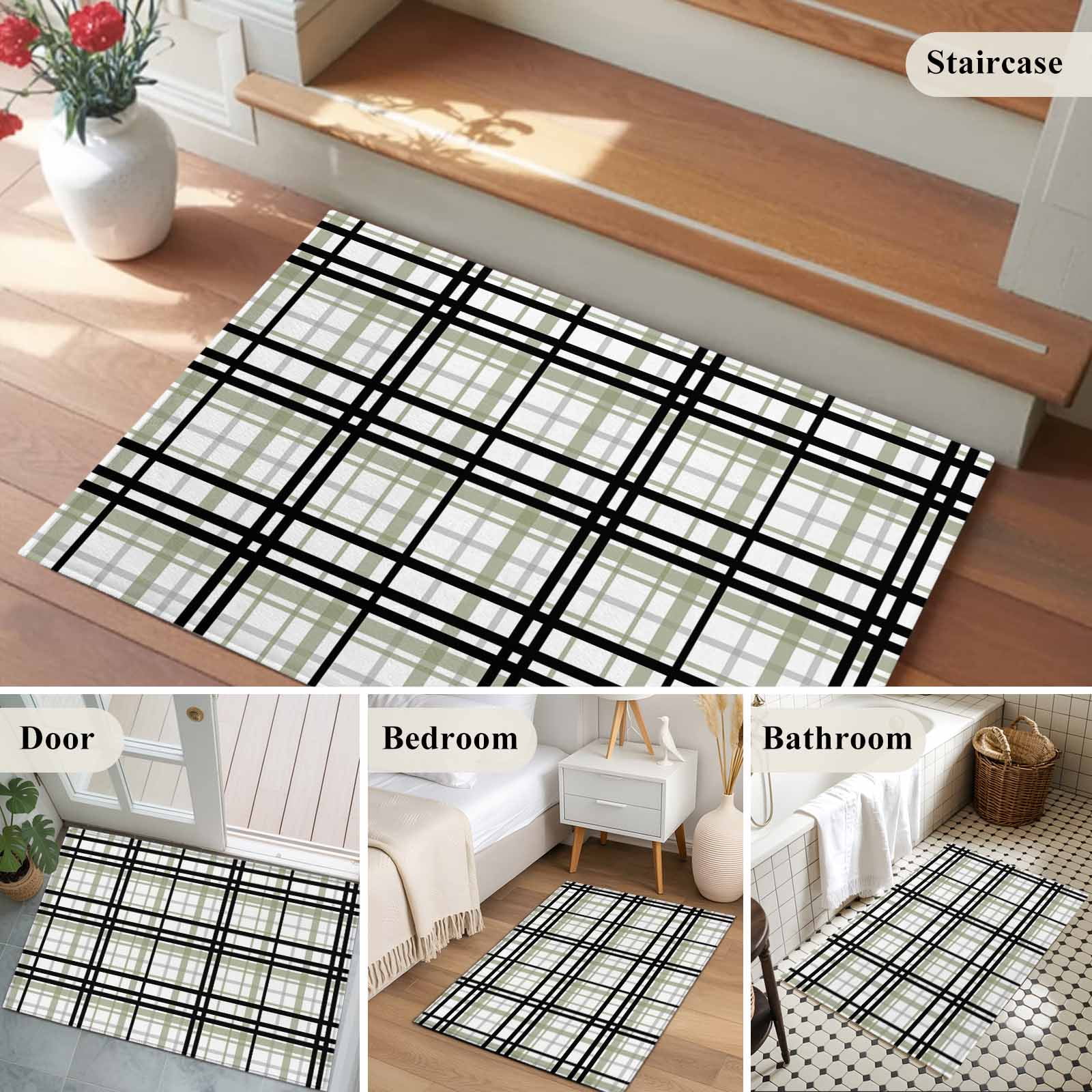 Entrance Runner Rug 2'x3',Sage Green Black Plaid Non-slip Doormat for Indoor Outdoor Entrance,Farmhouse Green Black Checkered Throw Floor Mat for Front Door/Living Room/Bedroom/Bathroom/Kitchen