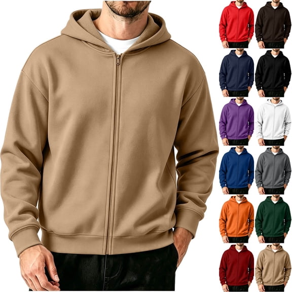 FRSASU Men's Zip Up Plain Hooded Sweatshirts Casual Long Sleeve Fleece Hoodie with Kangaroo Pockets White