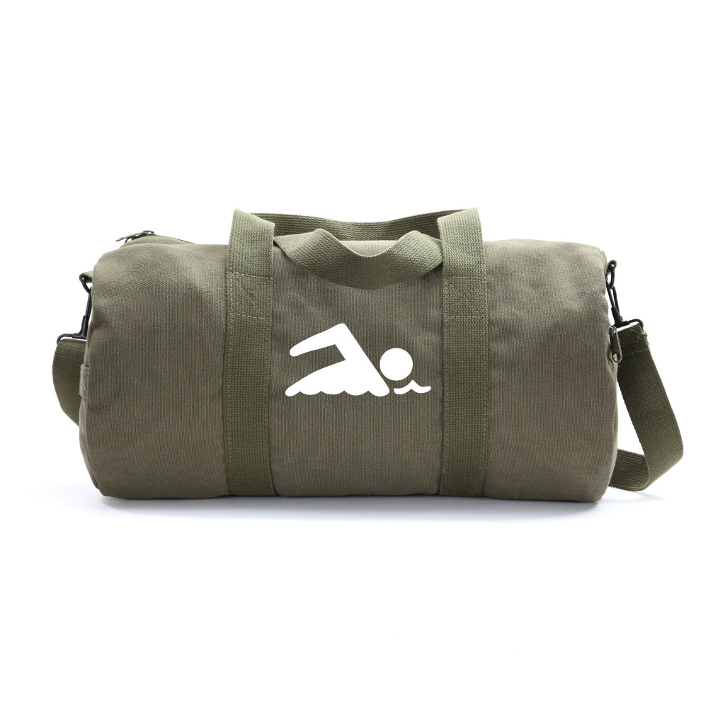 Swimming Swimmer Army Sport Heavyweight Canvas Duffel Bag in Olive & White, Large
