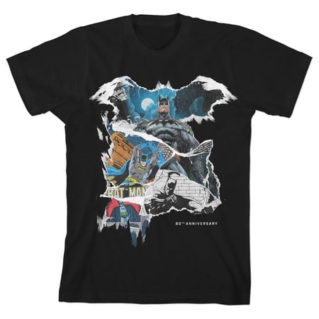 Batman Comic Book Scenes 80th Anniversary Boy s Black T-shirt-S
