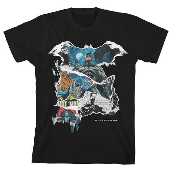 Batman Comic Book Scenes 80th Anniversary Boy's Black T-shirt-M